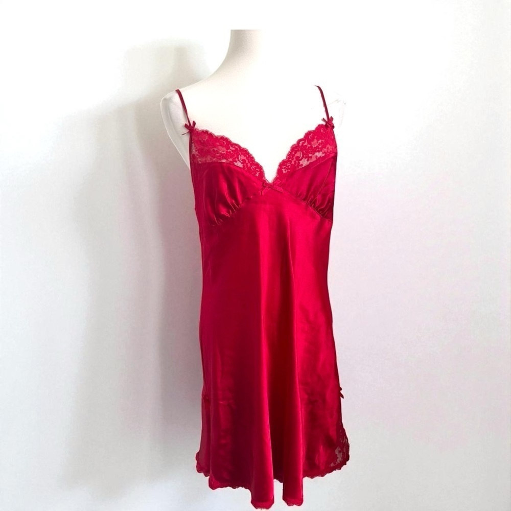 Vintage Red Satin & Lace Slip Dress — 90s Valentine Lingerie Aesthetic L